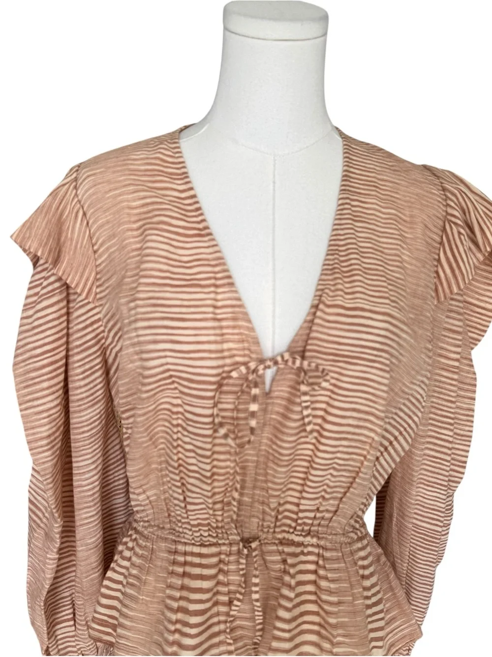 Ulla Johnson - Ophelia Striped Fawn Blouse Ruffle Puff Sleeve Cotton Sz 10